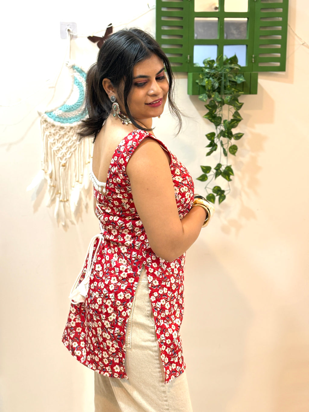 Cherry Red Corset Kurti with Pearl Detail