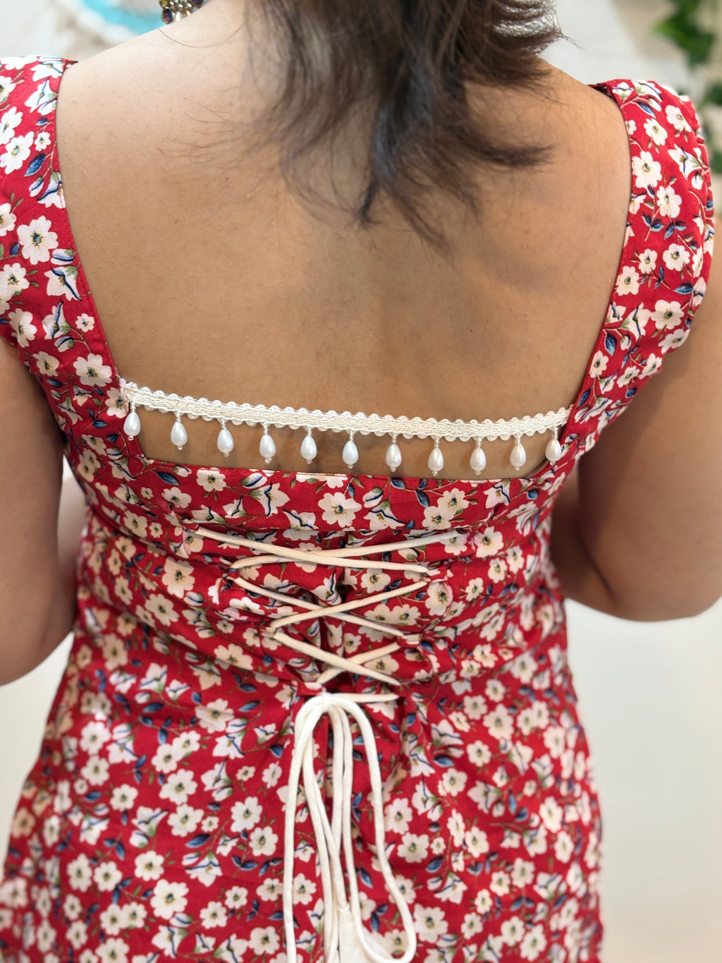 Cherry Red Corset Kurti with Pearl Detail