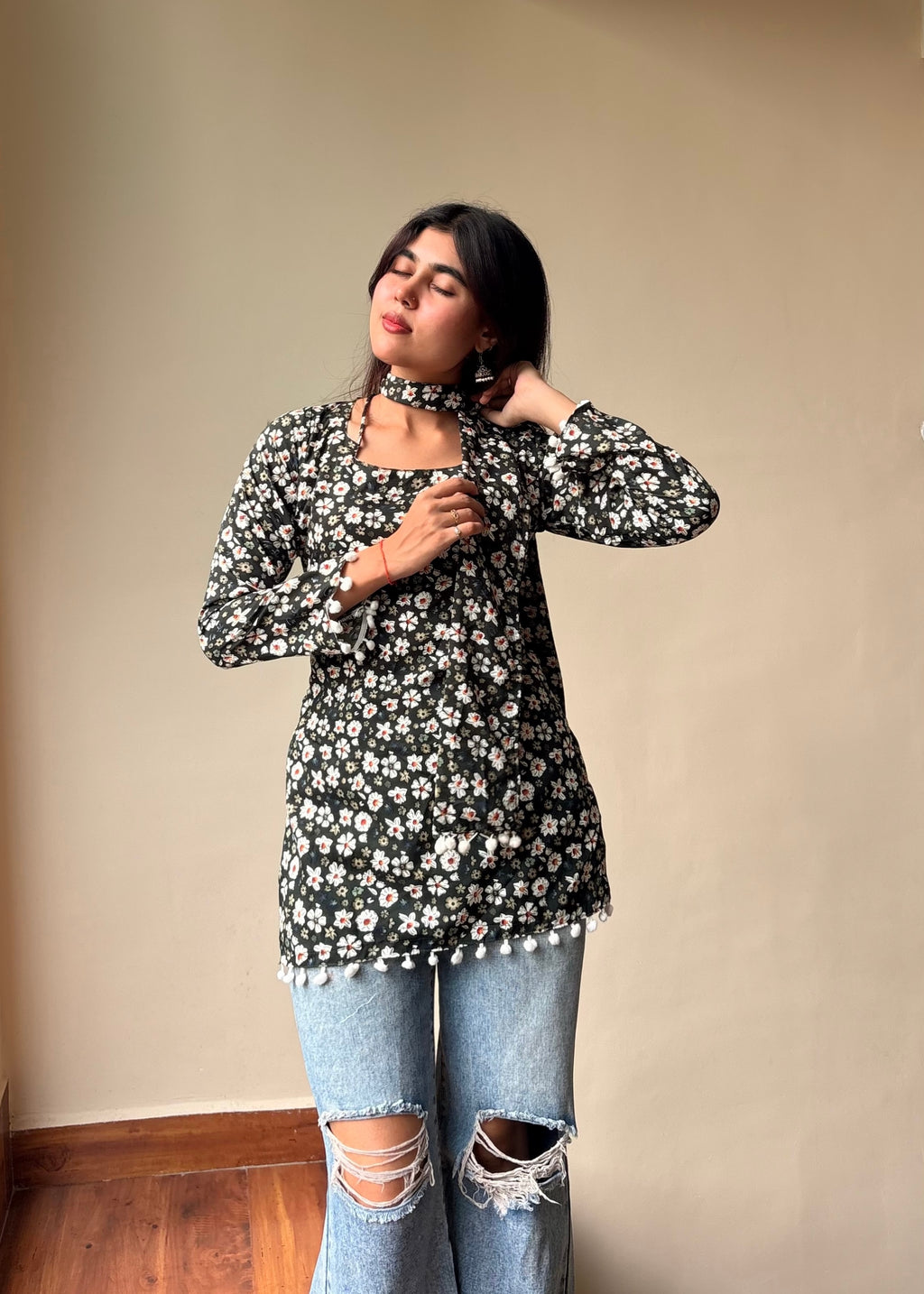 Mogra Noir Kurti (Bottle Green & Floral)