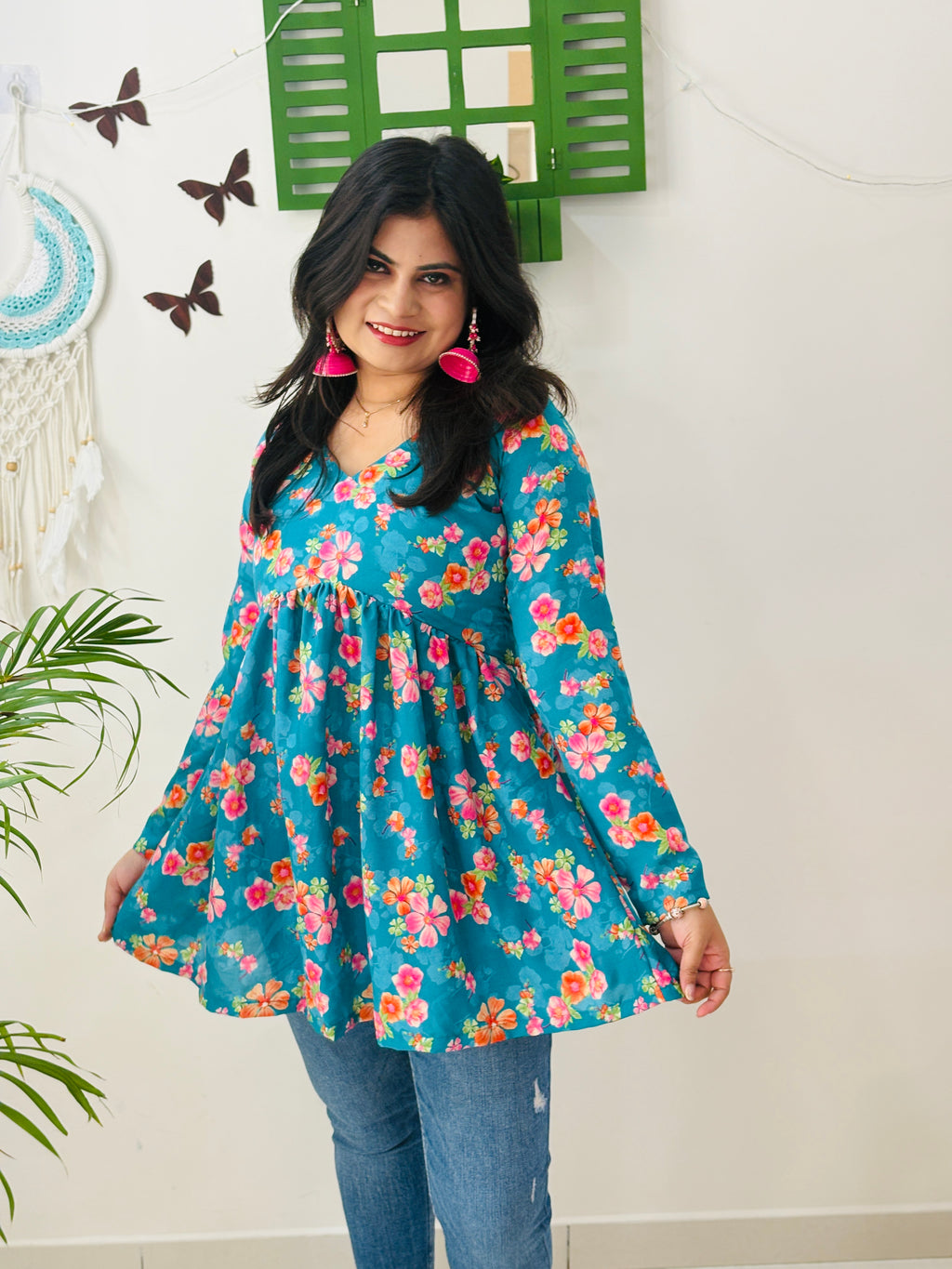 Teal Blossom Alia Cut Kurti