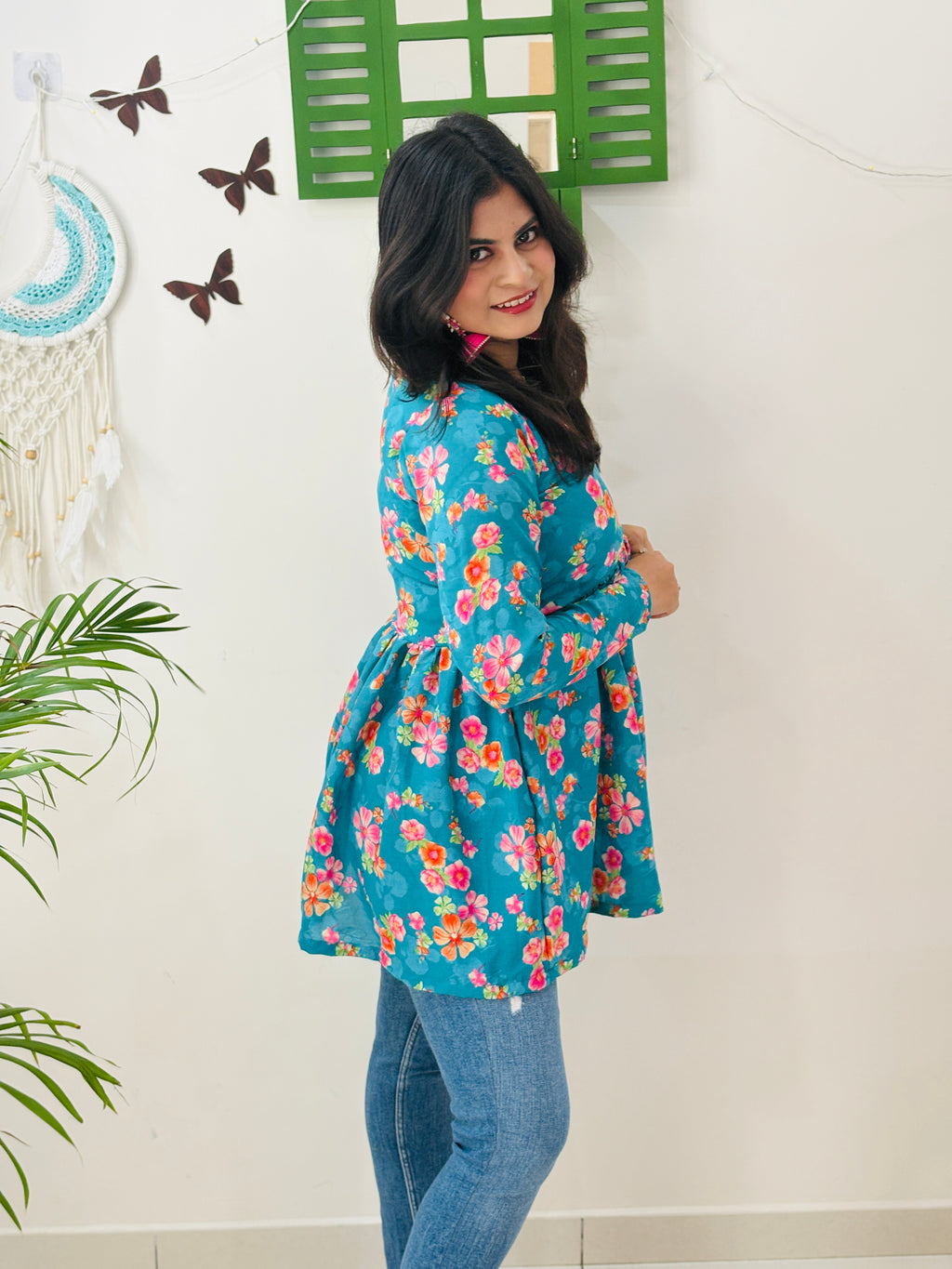 Teal Blossom Alia Cut Kurti
