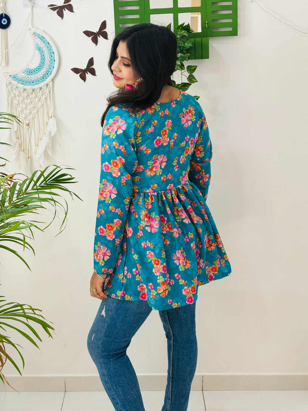 Teal Blossom Alia Cut Kurti