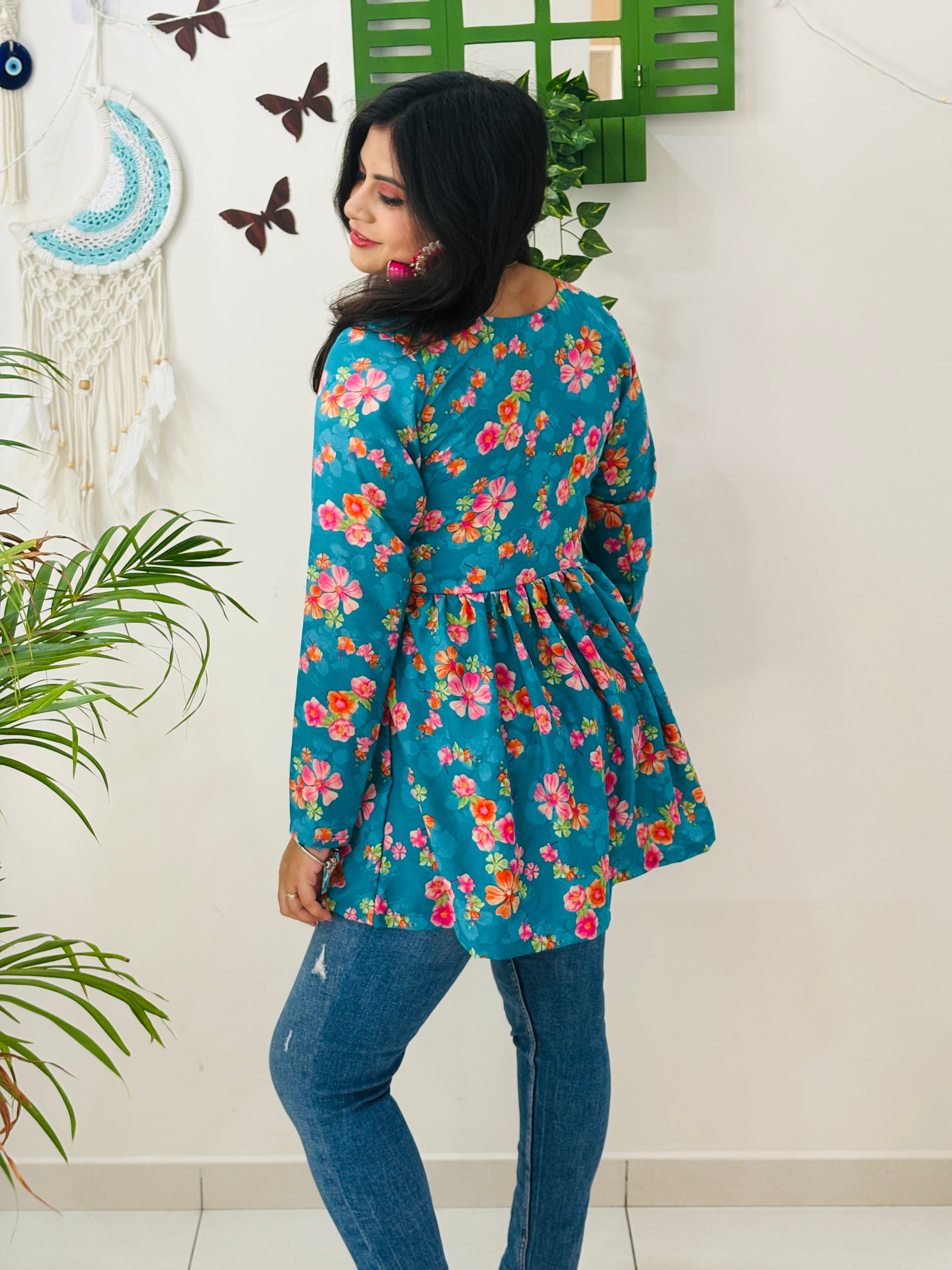 Teal Blossom Alia Cut Kurti