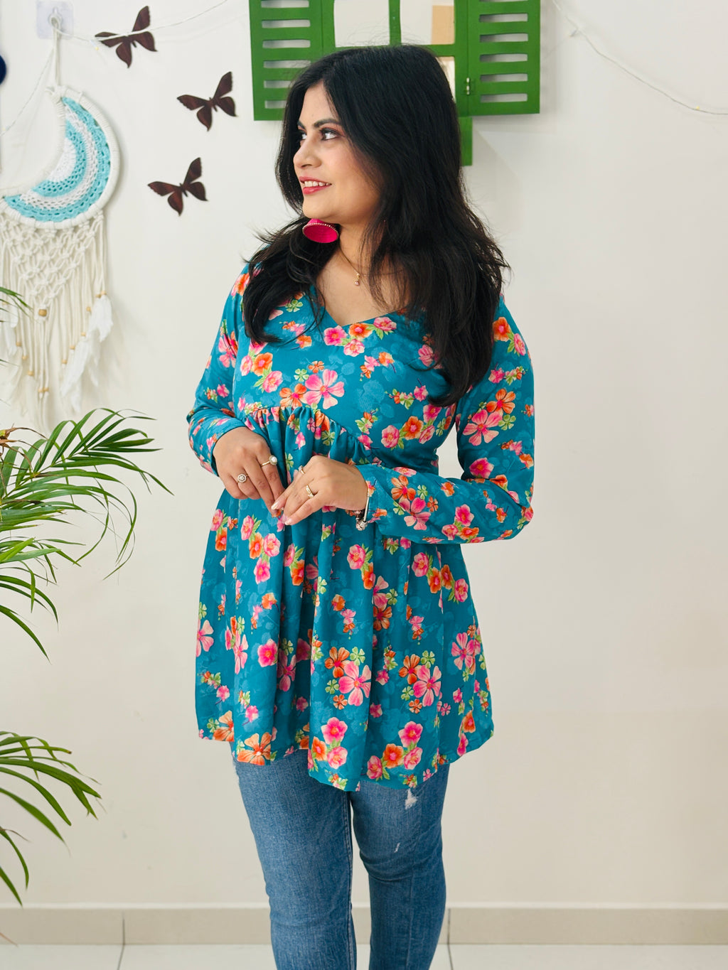 Teal Blossom Alia Cut Kurti