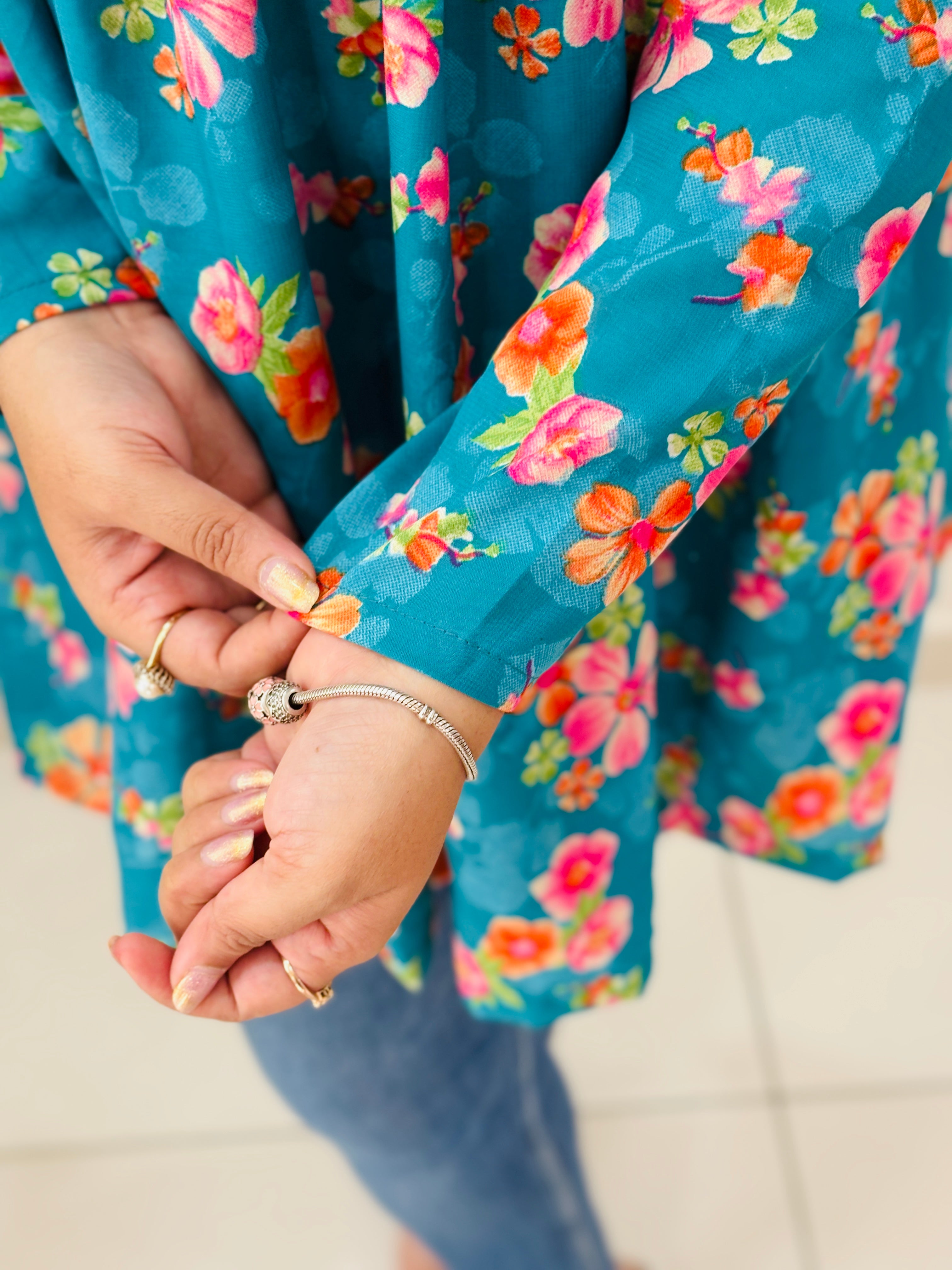 Teal Blossom Alia Cut Kurti