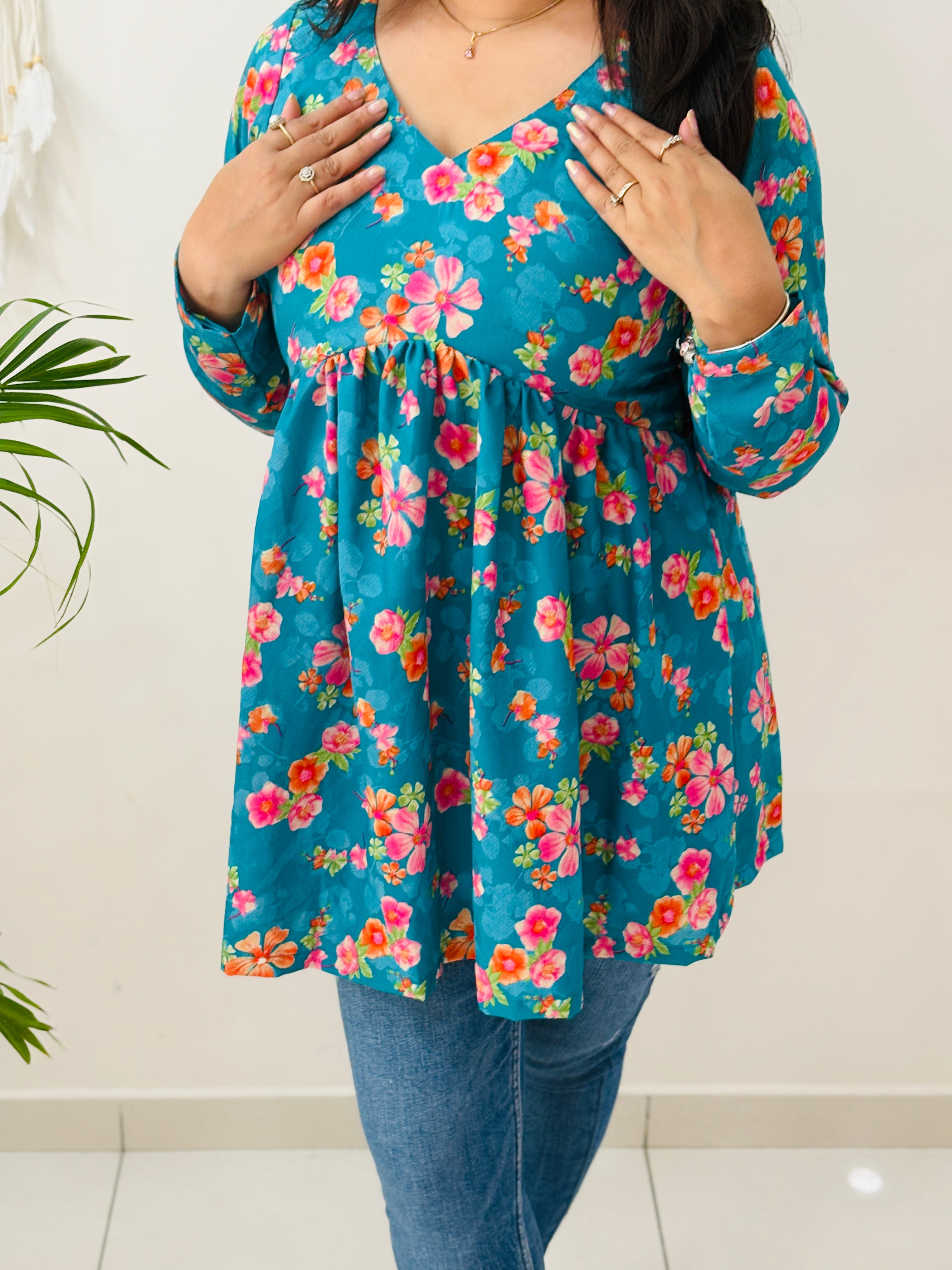 Teal Blossom Alia Cut Kurti