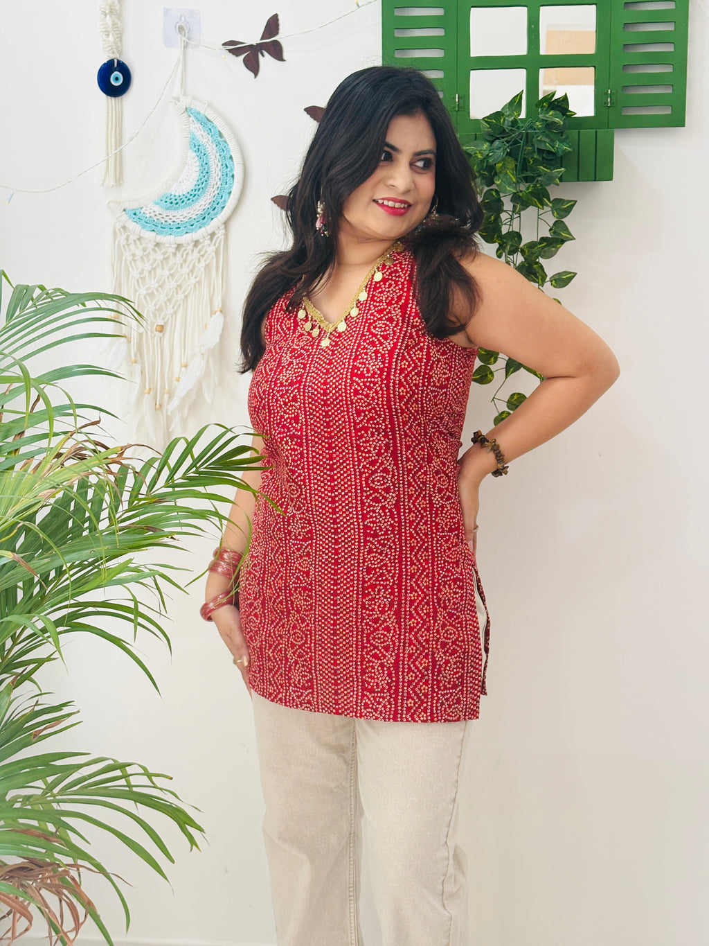 Sunehari Laal Bandhani Halter Kurti
