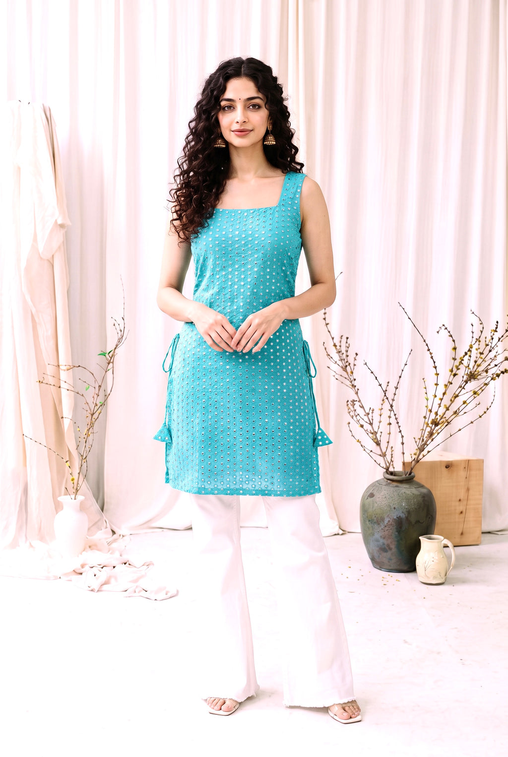 Madhuri Mirrorwork Kurti – Teal