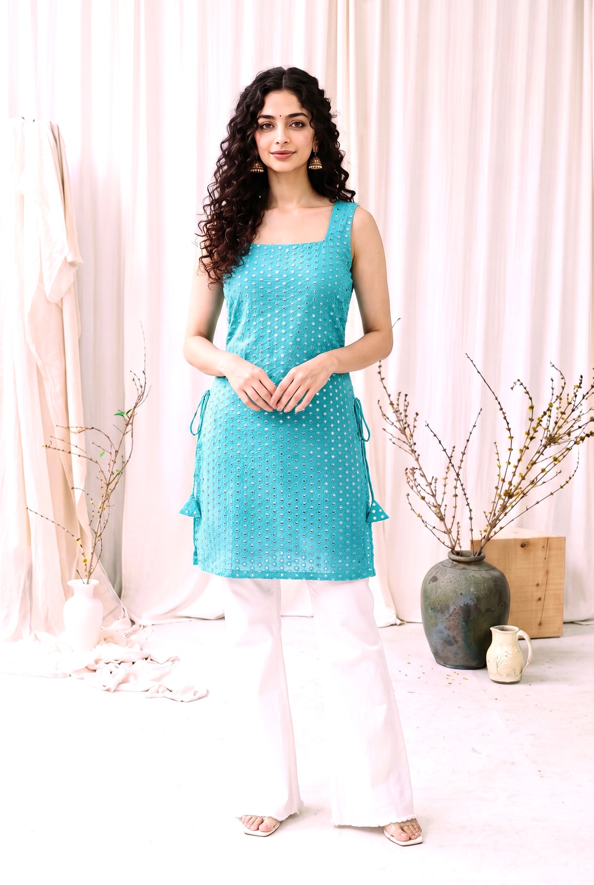 Madhuri Mirrorwork Kurti – Teal
