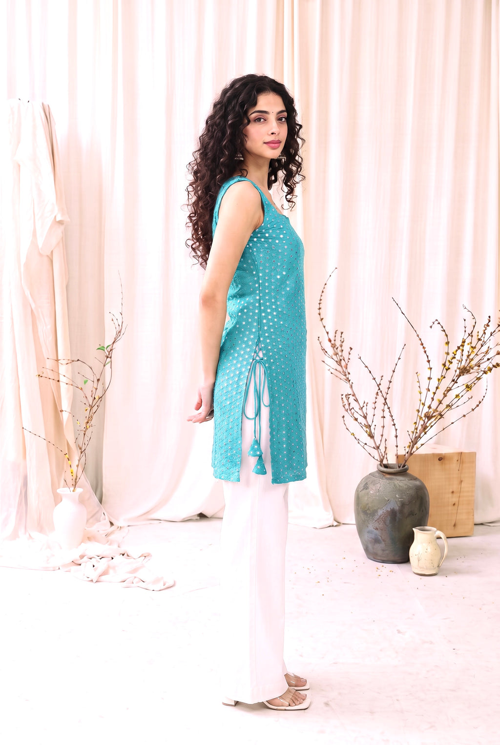 Madhuri Mirrorwork Kurti – Teal