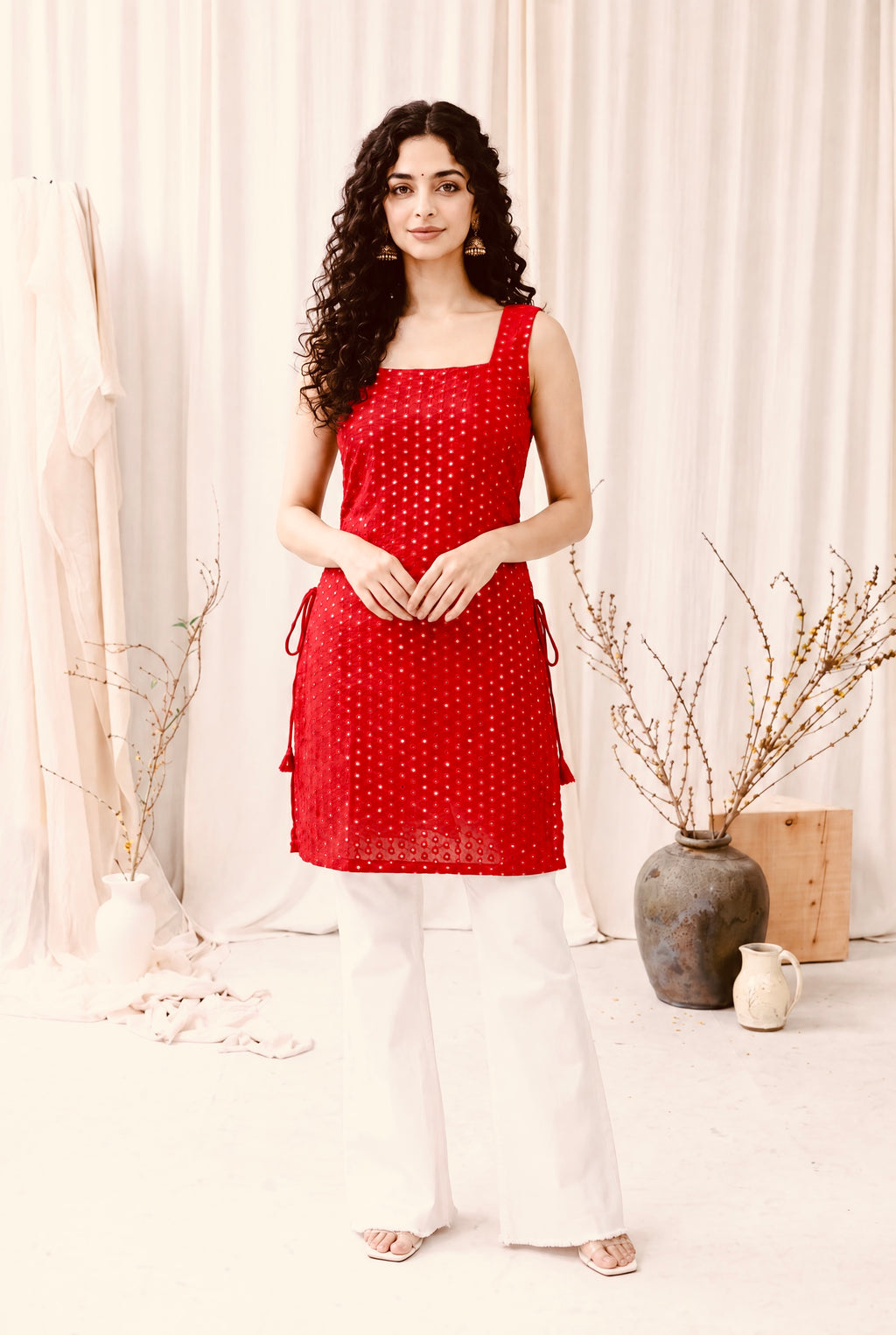 Madhuri Mirrorwork Kurti – Red