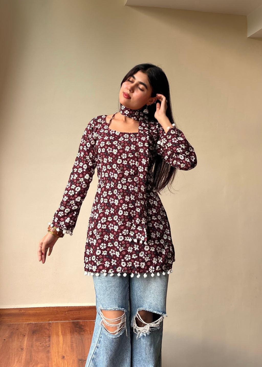 Mogra Noir Kurti (Deep Burgundy & Floral)