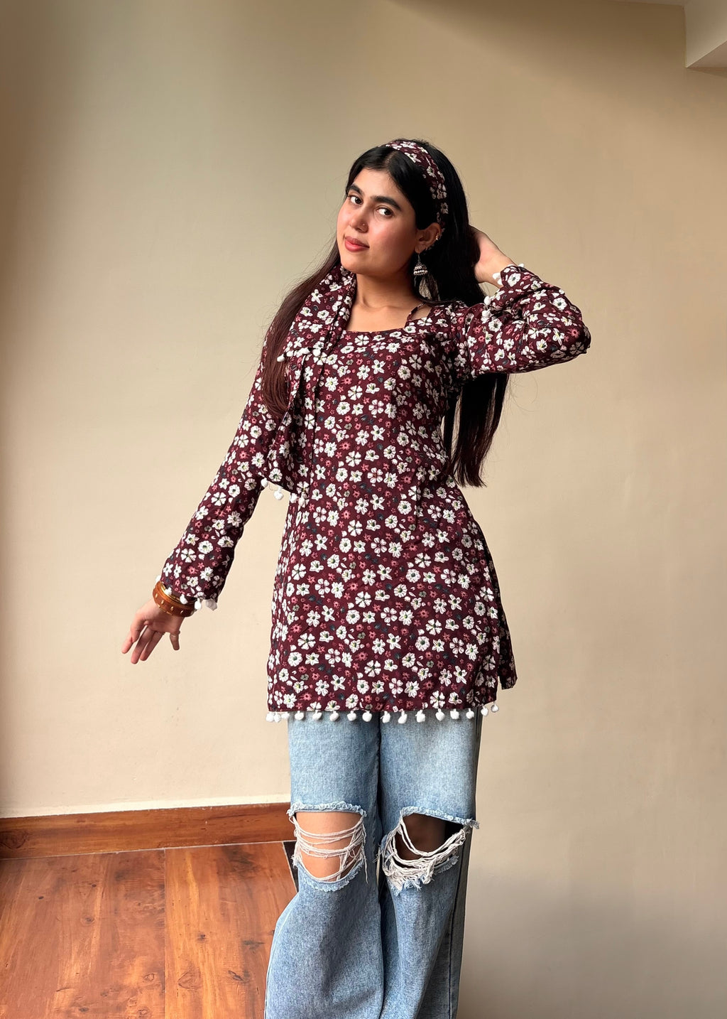 Mogra Noir Kurti (Deep Burgundy & Floral)