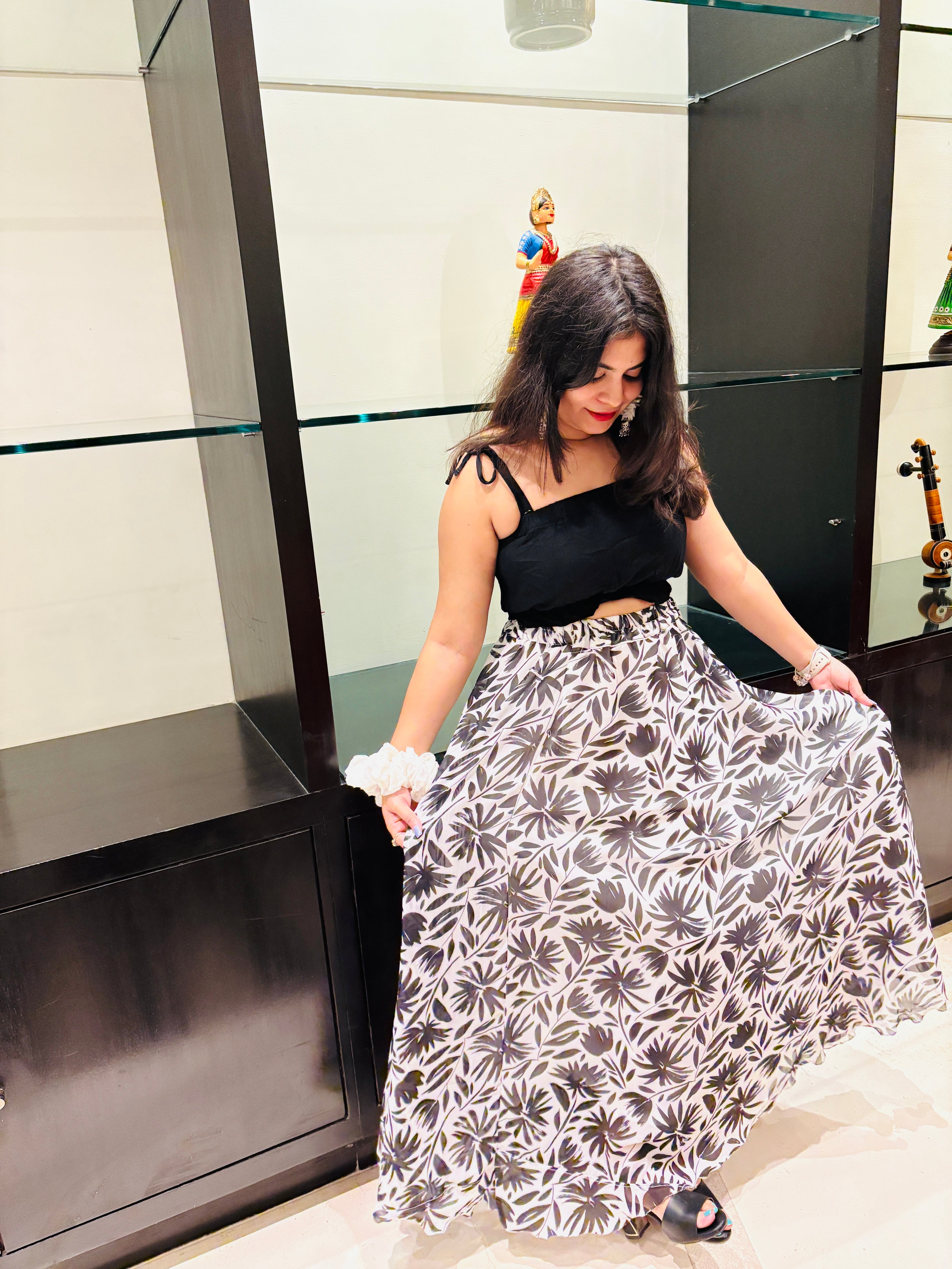 Midnight Bloom B&W Maxi Skirt