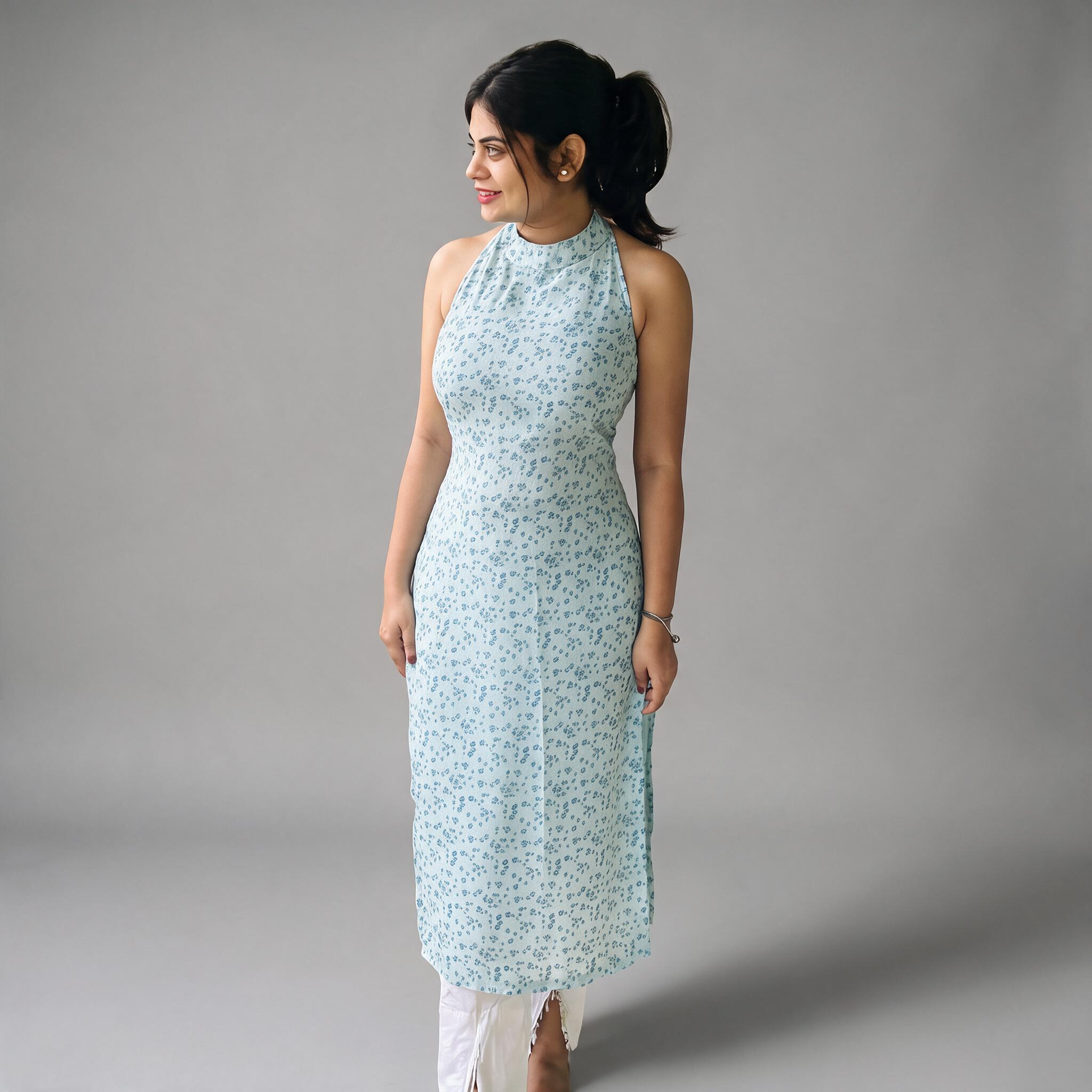 Lily Blue Petal Halter Neck Kurti