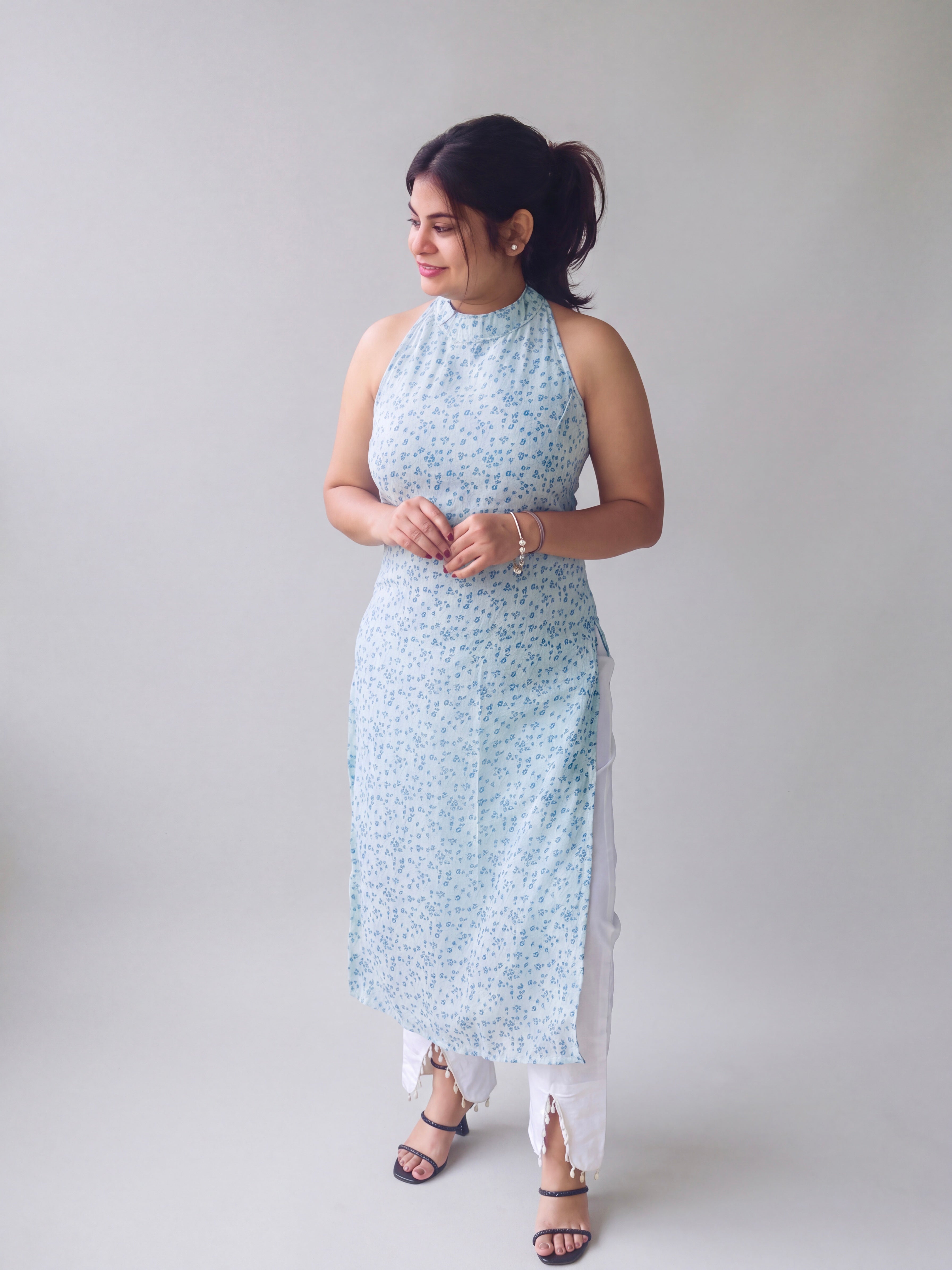 Lily Blue Petal Halter Neck Kurti